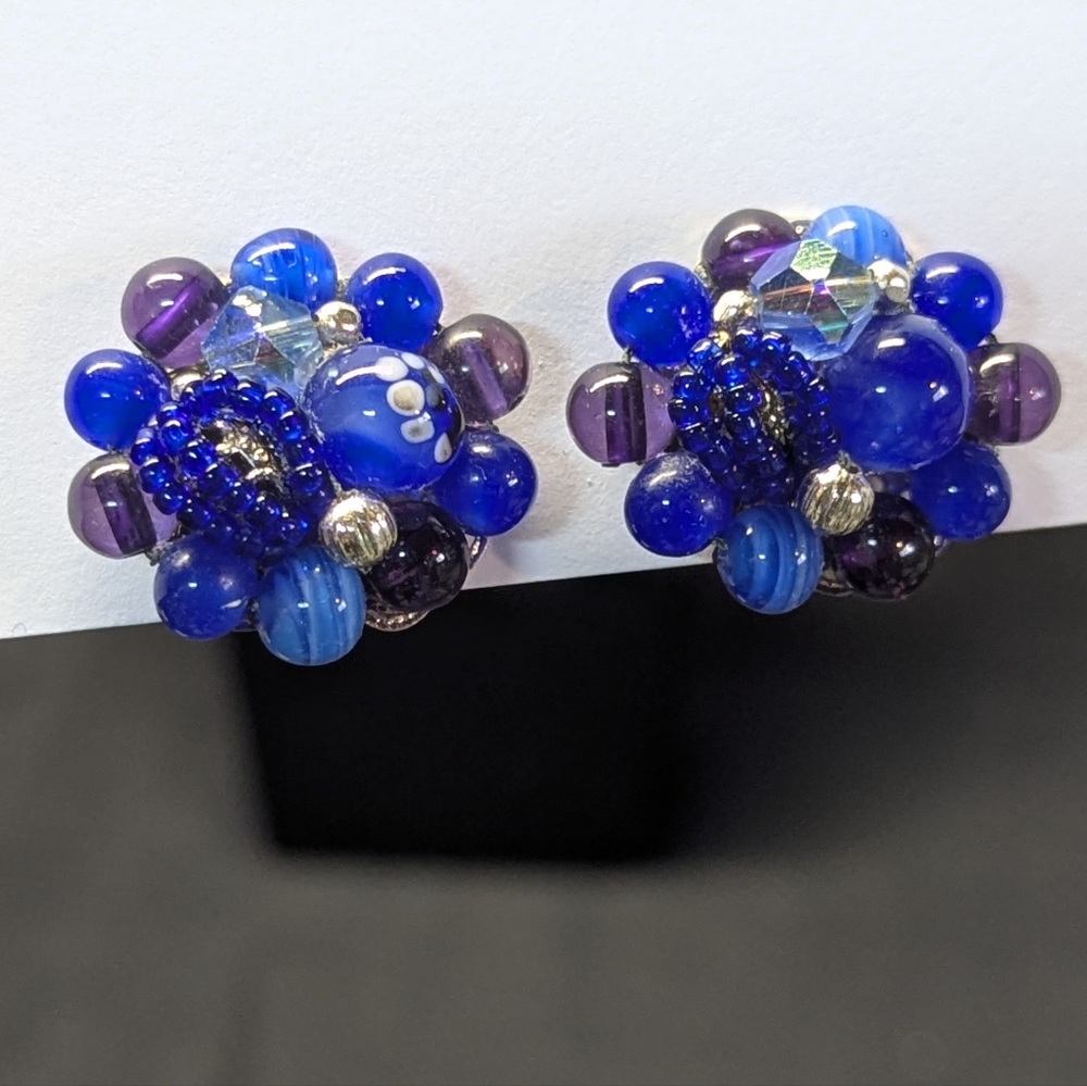 3 for $30 Vintage blue beaded clip-on earrings | 50s/60s
